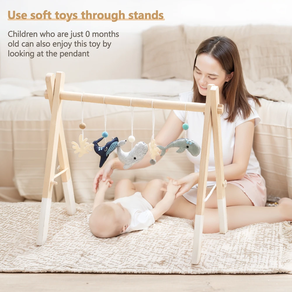 White Wooden Baby Gym Frame Foldable Space Saving No Tools Assembly Lightweight 1130g Rounded Edges for Newborns 0 Months Plus