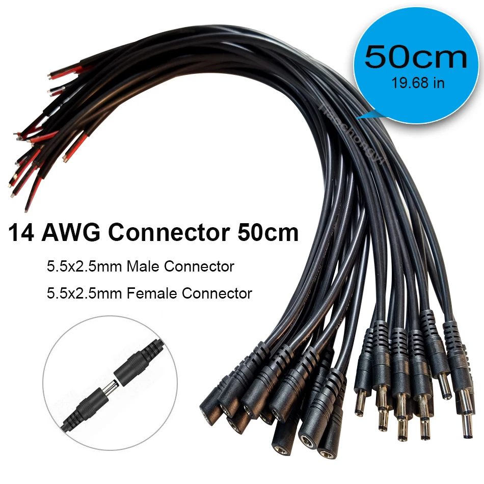 14AWG 2PIN 5.5x2.5mm Wtyczka zasilania DC Męski żeński przewód kablowy 50cm /19.68 in Adapter złącza Gniazdo Jack do taśmy LED Light
