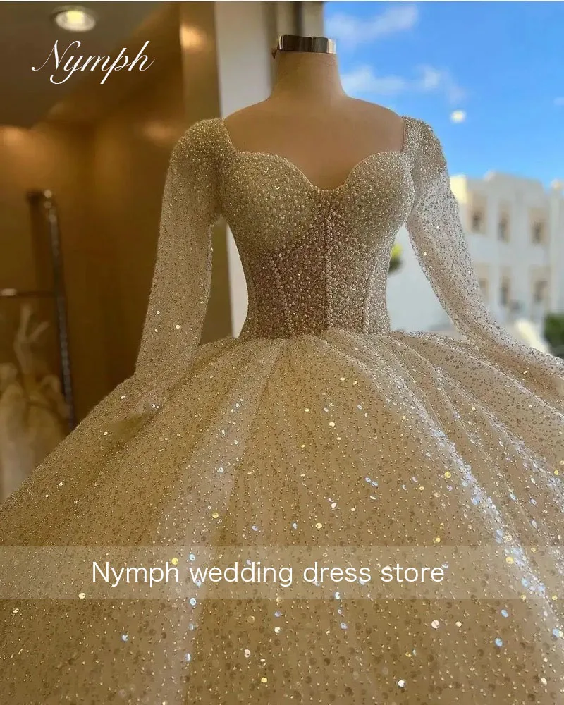 

Customized Square Neck Pearls Puffy Wedding Dress For Women Illusion Long Sleeves Shinny Beads Sequins Bridal Gown Vestido de no