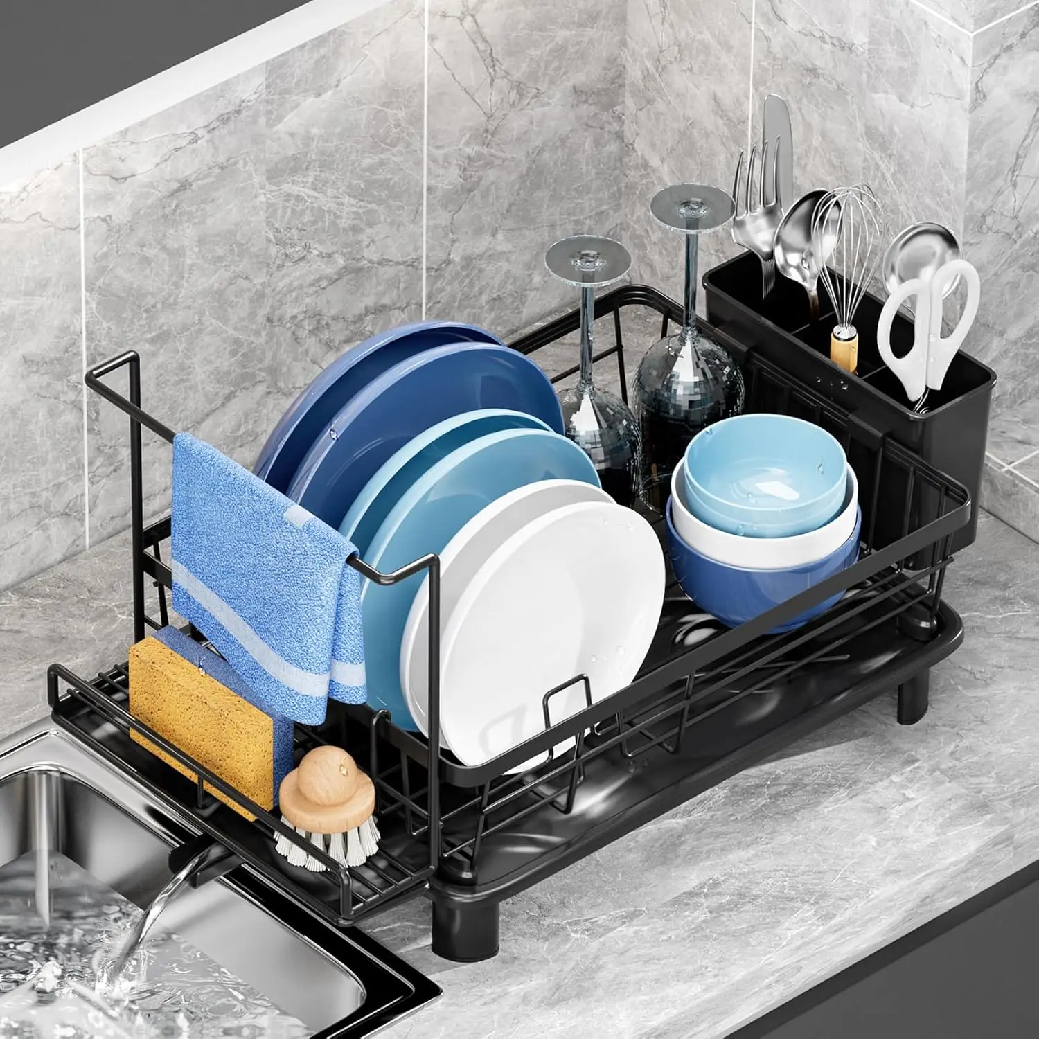 

Compact Dish Drying Rack with Sponge Holder, Space-Saving Drainboard and Utensil Organizer, Black