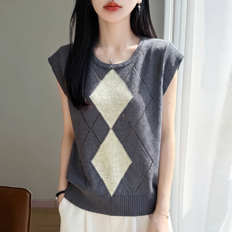 Wind diamond plaid knitted vest women's T-shirt Tencel linen flying sleeves cool bottoming coat