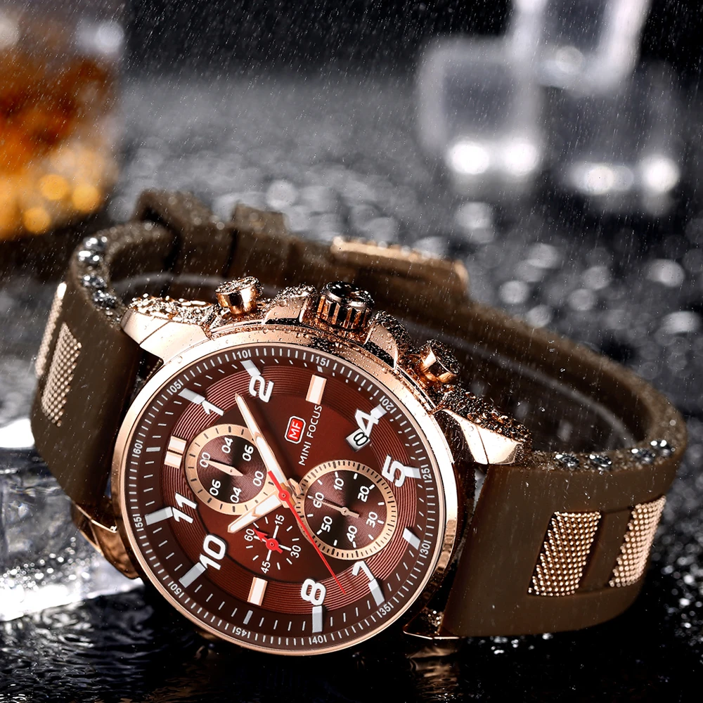 MINI FOCUS Brown Sports Quartz Watches Fashion Chronograph Luxury Brand Waterproof Watch for Men Casual Silicone Band Clock 0268