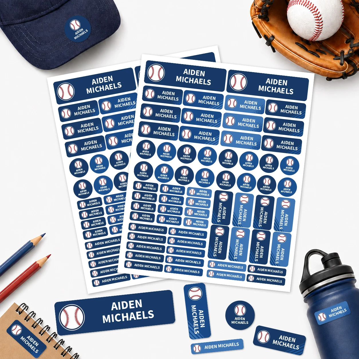 128Pcs Personalized Baseball Name Labels, Custom Stickers for Bottles, Lunch Boxes, Notebooks, School Supplies & Sports Gear