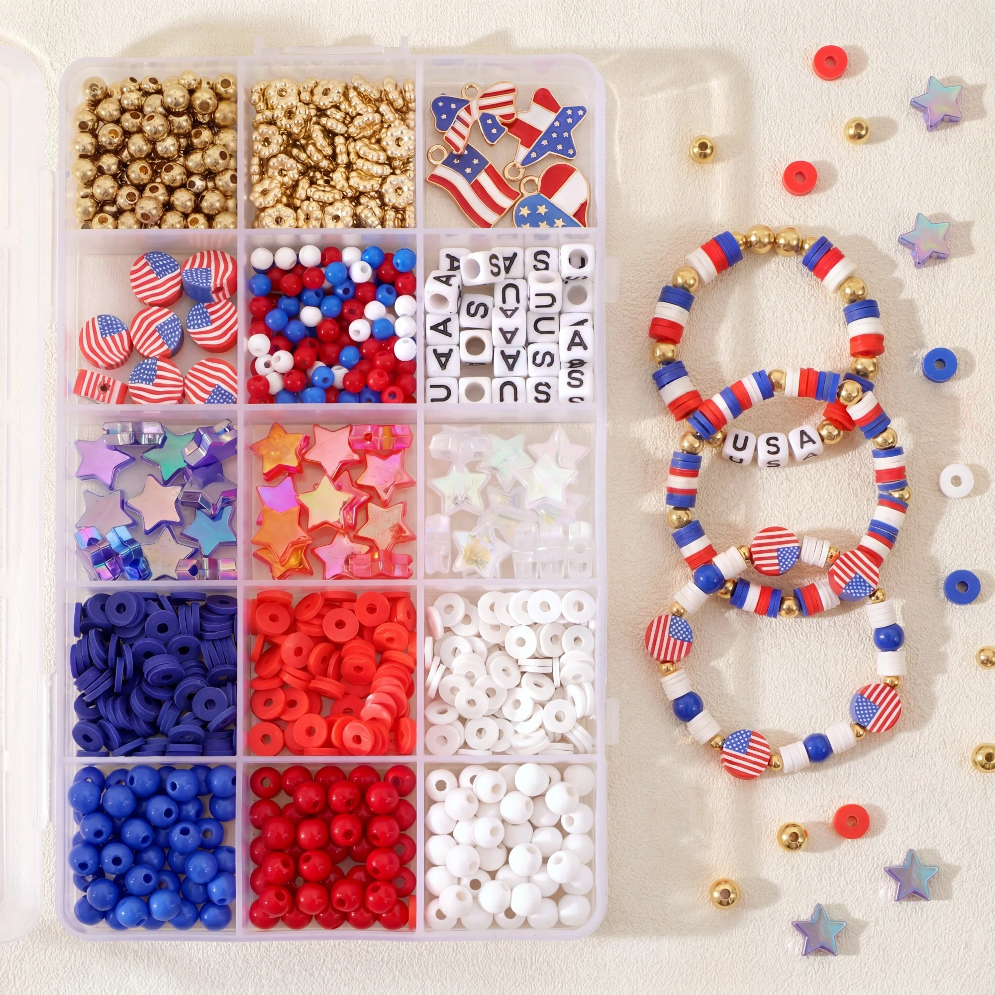 

1Set 15/24 Grid DIY Bracelet Material Pack Kit With Scissors - Independence Day Beaded Jewelry Material Pack Patriotic 4th July