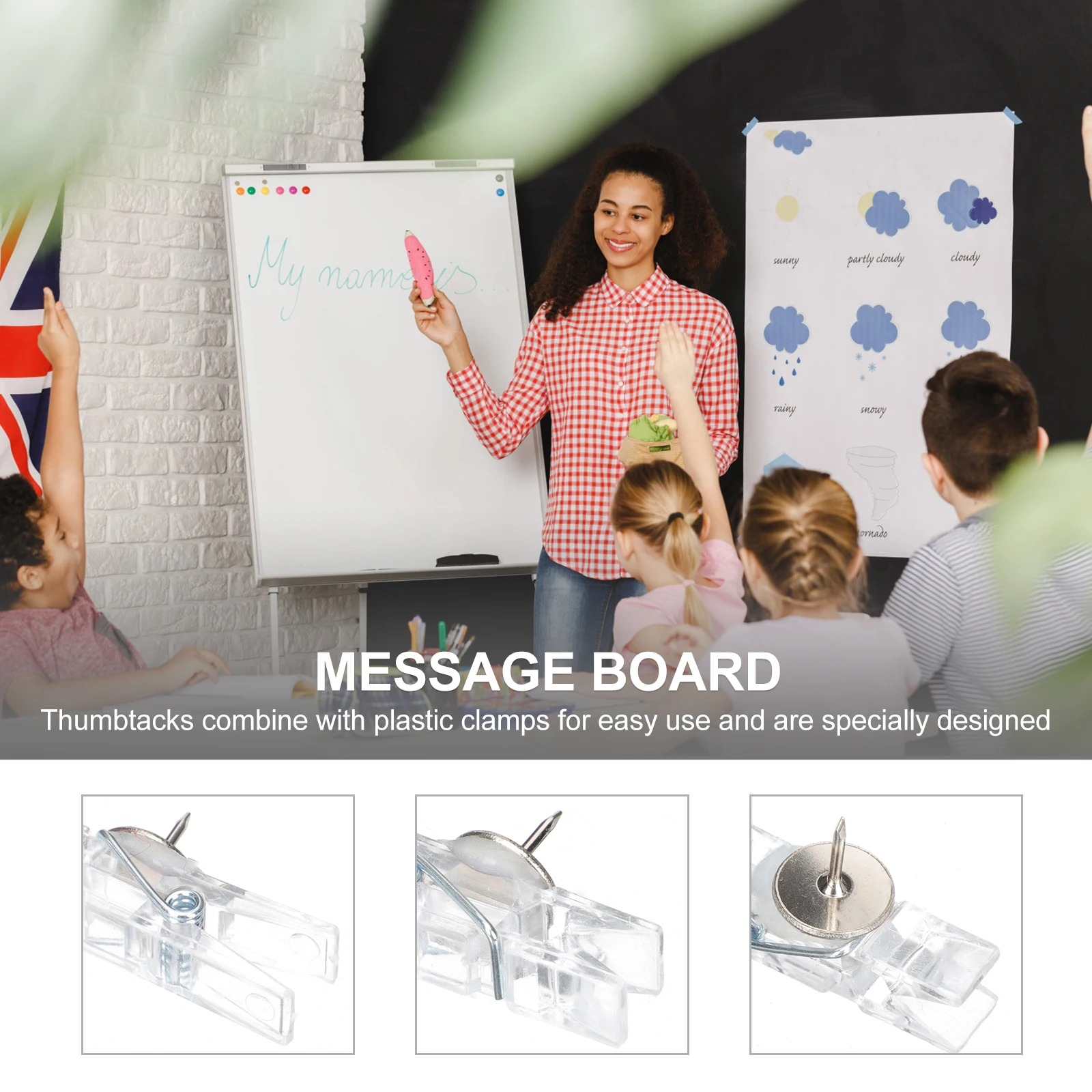50 pezzi clip per puntine trasparenti morsetti multiuso per immagini domestiche design in plastica di ferro resistente e duraturo ideale per lavagne in sughero