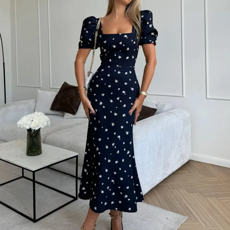 

Tsiisd Elegant Floral Print Maxi Dress Women Square Neck Puff Sleeve Slim Fashion Patchwork Party Evening Dress Female Dress2026