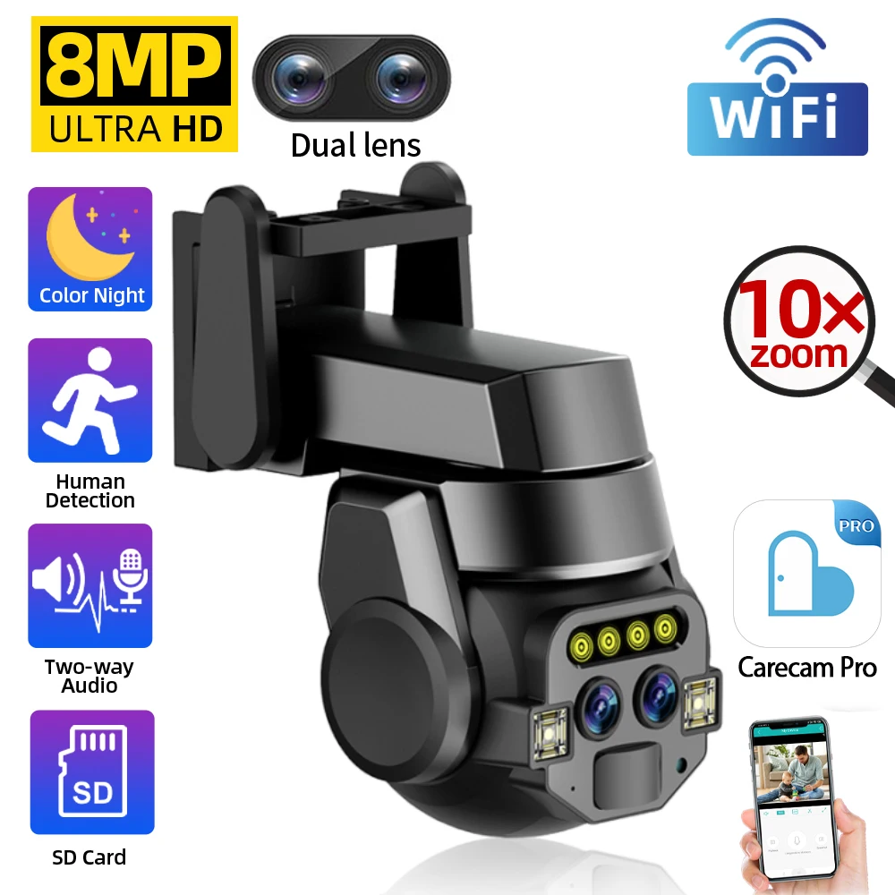Caméra de surveillance extérieure PTZ IP WiFi HD 8MP/4K, dispositif de sécurité sans fil, avec n'aime numérique x10 et vision nocturne