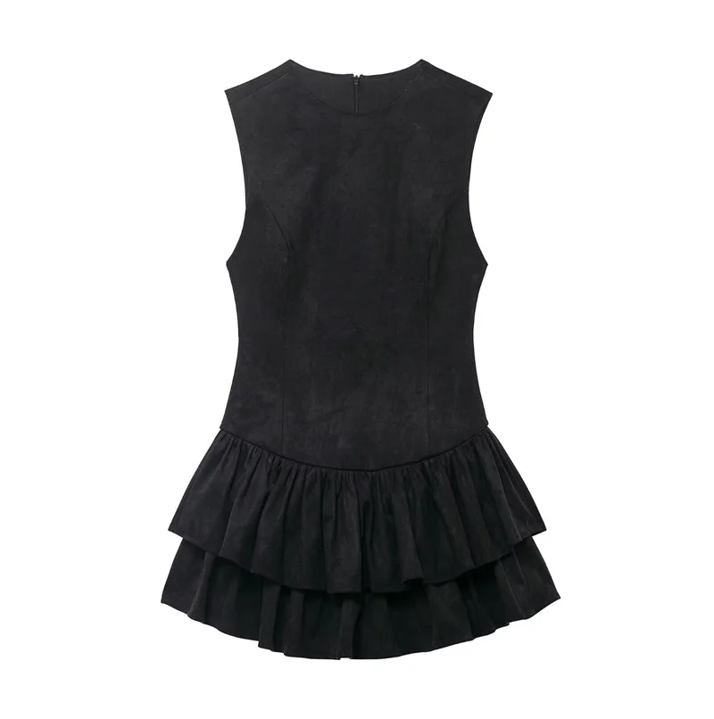 Vestido feminino 2025 outono novo estilo preto sem mangas camurça textura em camadas mini vestido exclusivo moda socialite