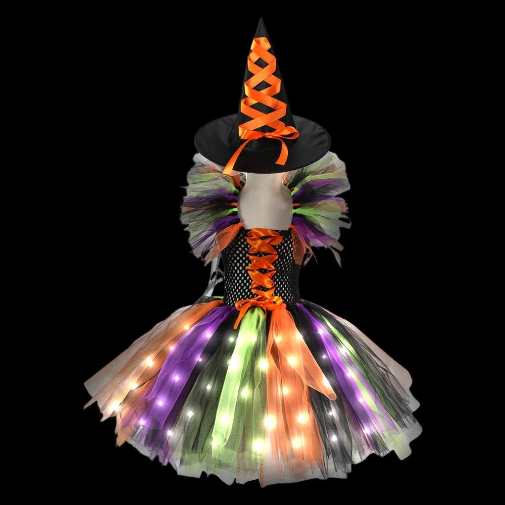 Halloween Cosplay Heks LED Lichtgevend Kostuum voor Baby Meisje Kinderen Carnaval Party Gown Kids Heks Lichtgevende Jurk Kleding Set