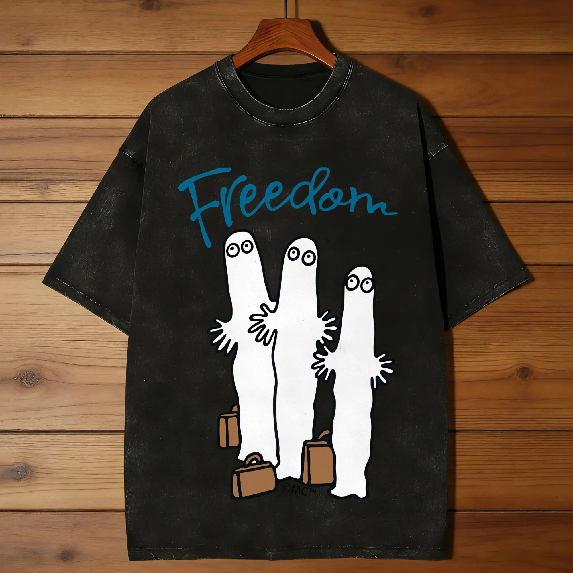 M-moomin The Hattifatteners Freedom Washed T-Shirt Male  Y2K Funny Summer O Neck Leisure Tees Simple Plus Size Clothes