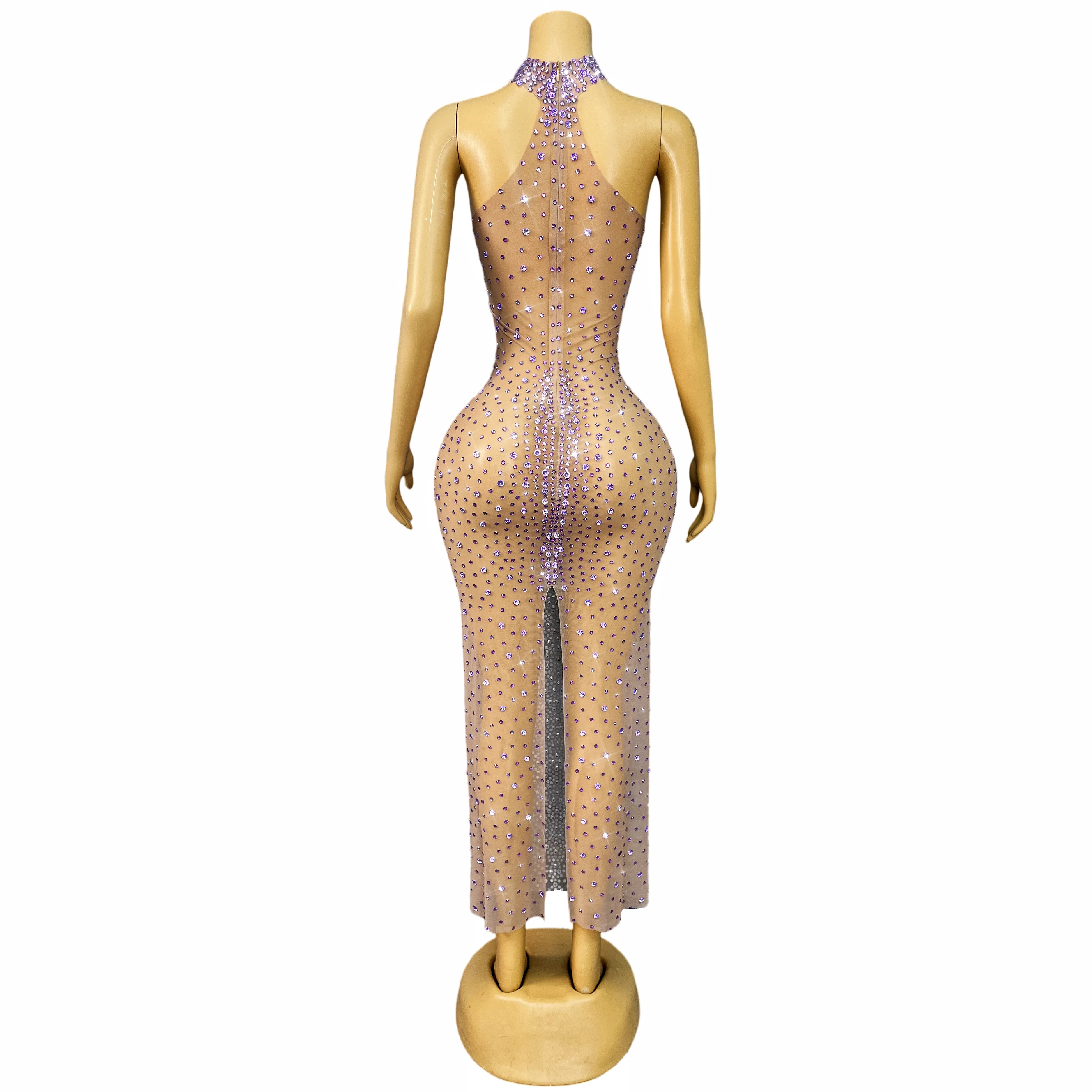 High-end Blingbling Rhinestones Sexy Nude Mesh Trim fiit Dress Women Dancer Show Costume Evening Party Elegant Gown Jianbian