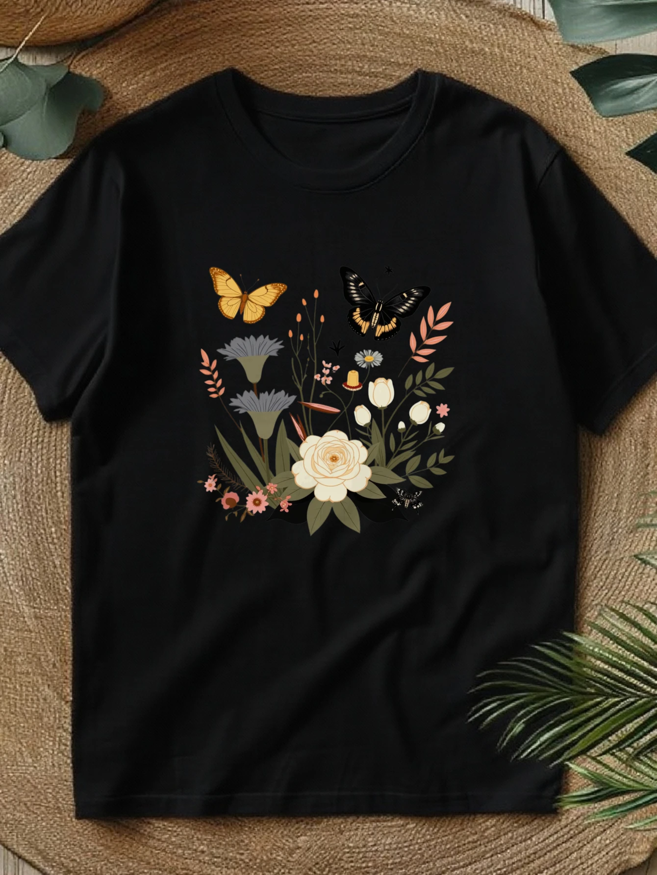 Cute Crop Top, Women's Round Neck T-Shirt, Spring and Summer Women's Clothing, Floral Butterfly Pattern, a Stylish and Casual Choice, Attitude T-Shirt, Local Delivery