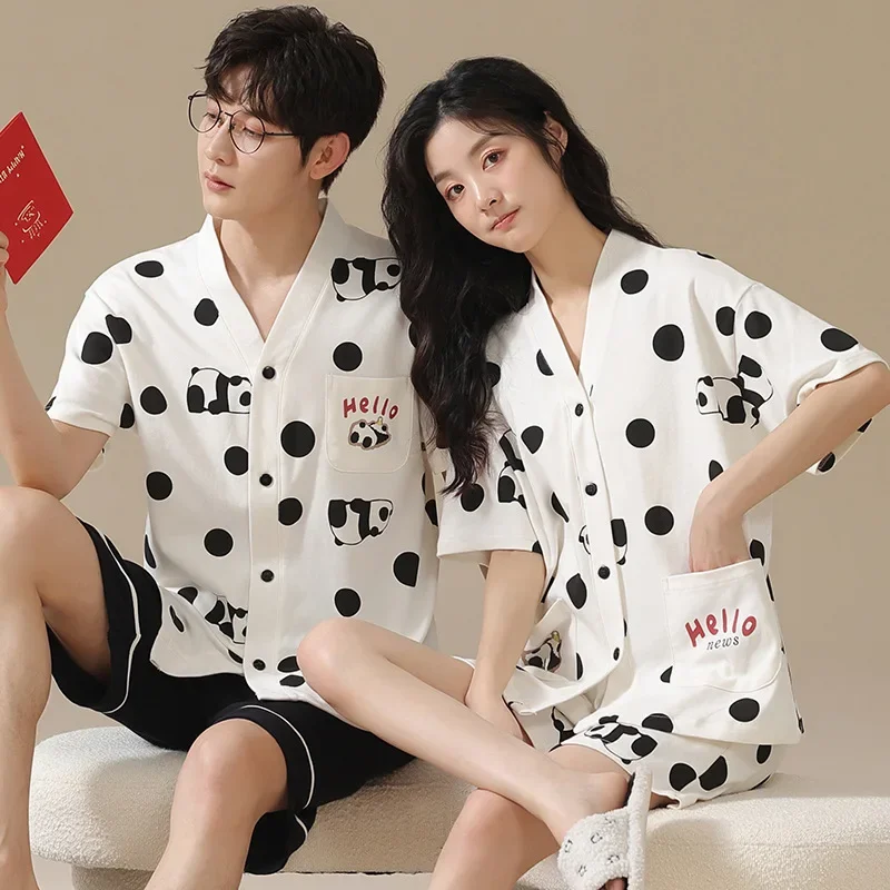 2024 V Neck Kimono Sleepwear Cotton Pajamas Couple Set Short Button-Down Pyjamas Suit Pijama Women Men Loungewear Plus Size Pj