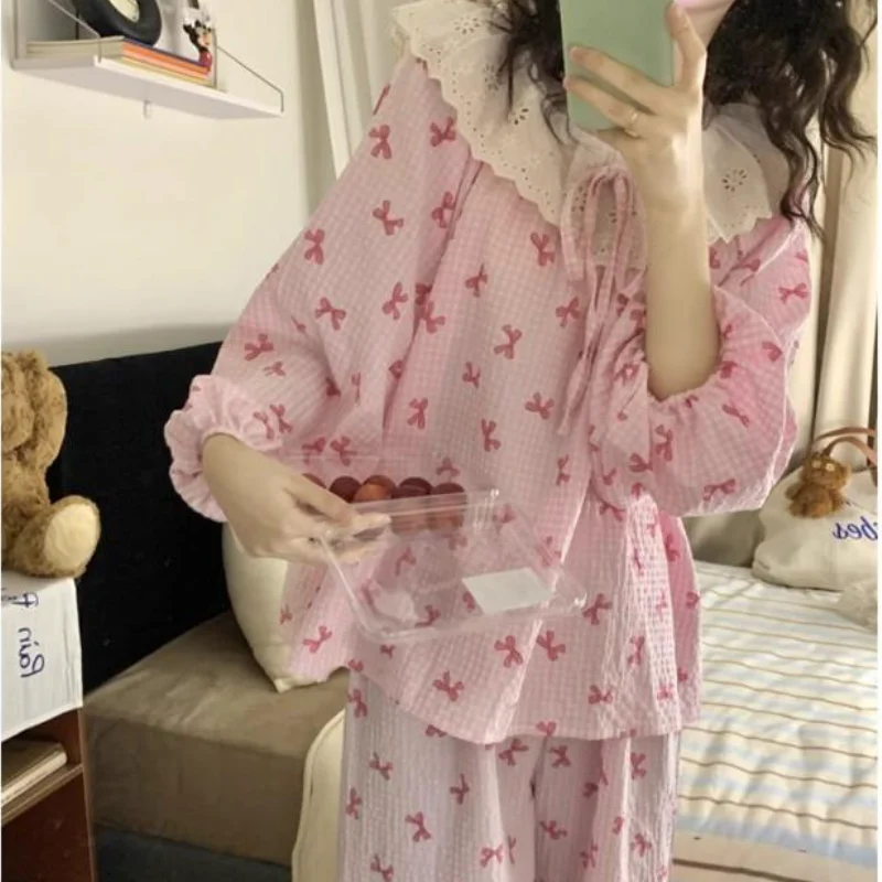 Pijamas franceses Retro de Instagram para mujer, conjunto de manga larga para primavera y otoño, ropa cómoda, dulce y bonita de encaje para el hogar, nuevo estilo