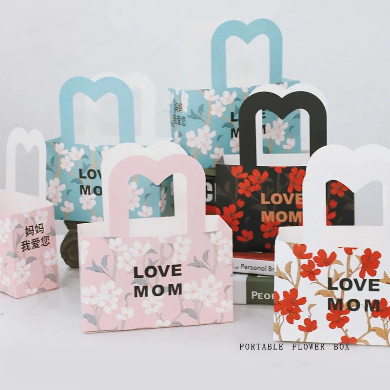 

Mother's Day Heart Handle Flower Bouquet Wrapping Paper Box Floral Arrangement Love Mom Holiday Gift Portable Packageing Carton