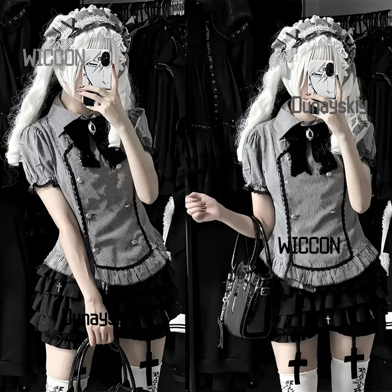 

Halloween Women Cosplay Costumes Women Gothic Dark Style Girl Striped Bow Slim Fit Short Sleeved Shirt Cake Puffy Half Skirt