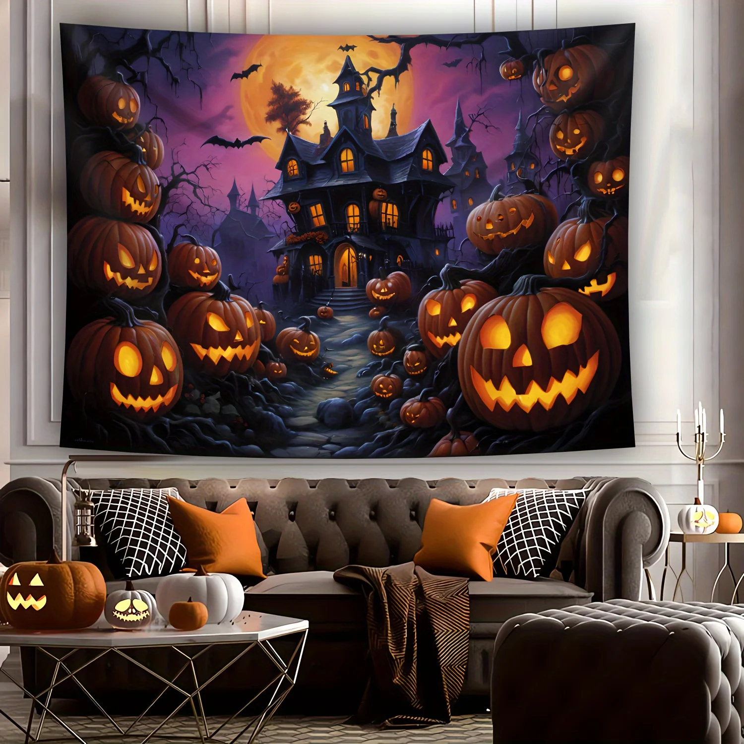 VIKAMA Halloween Schloss Wandteppich Kürbis Patch Fledermaus Wohnzimmer Wandbehang Thema Party Raumdekoration