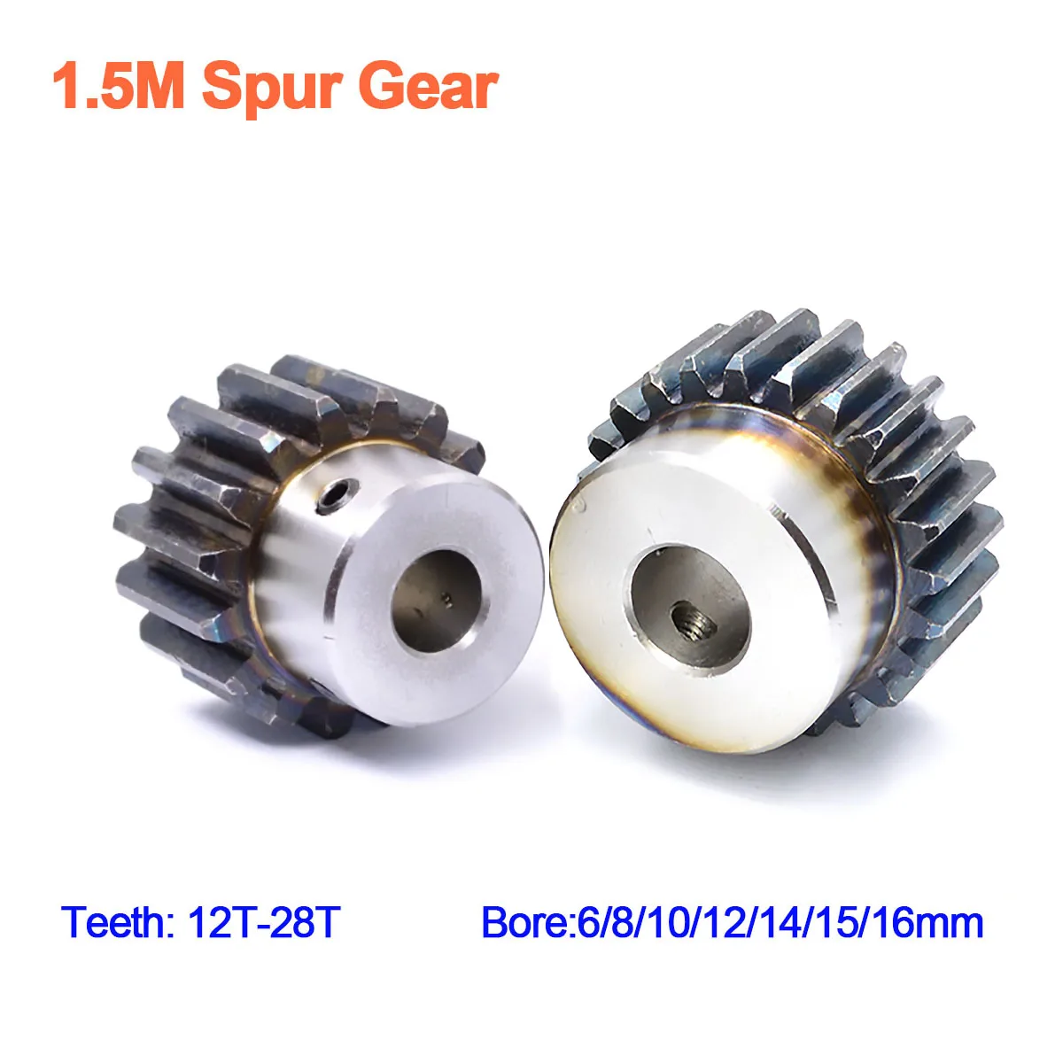 1Pcs 1.5M Spur Gear 12T 14T 15T 16T 17T 18T 19T 20T- 28T Bore 6/8/10/12/14/15/16mm 45# Steel Metal Motor Pinion Gear Step Gear