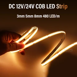 Tira de luces LED COB de 12V y 24V, cinta luminosa Flexible de 3mm, 5mm, 8mm y 10mm de ancho RA 90 de alto brillo, color azul hielo, blanco, rojo, verde, rosa y amarillo