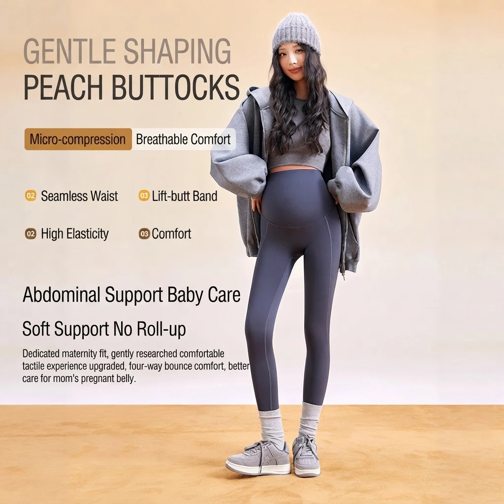 Umstandsleggings aus Spandex-Nylon mit hoher Taille, Übergröße, Yogahose, Haifischleder-Optik, Herbst/Winter, neun Zoll, elegant, für Damen – Detail 4