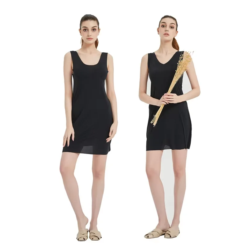 Women's Summer Ice Silk Ultrathin Traceless Vest Sexy Strap Cool Fabric Soft Sleeping Dress Underlay Skirt Solid Color