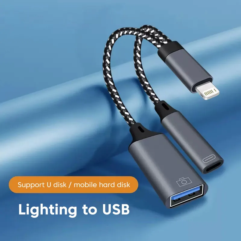 2 in 1 USB 3.0 OTG Charging Adapter For iPhone 14 13 12 11 Pro XS Max XR X 8 7 6s iPad U Disk Lighting Male to USB 3.0 Adapter