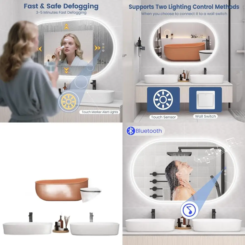 

Овальное LED-зеркало 24x36 дюймов с Bluetooth-колонкой, регулируемой подсветкой, 3 цветами, функцией антизапотевания и сенсорным управлением для ванной комнаты