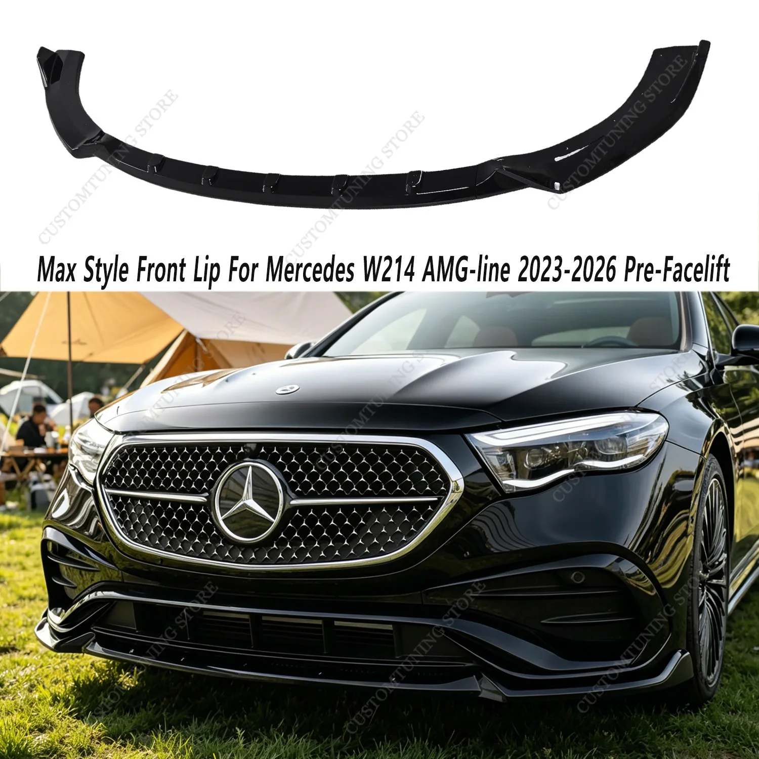 Max Style Gloss Black Front Bumper Lip Spoiler Splitter For Mercedes W214 S214 E-Class AMG Line 2024-2026 Pre-Facelift Tuning