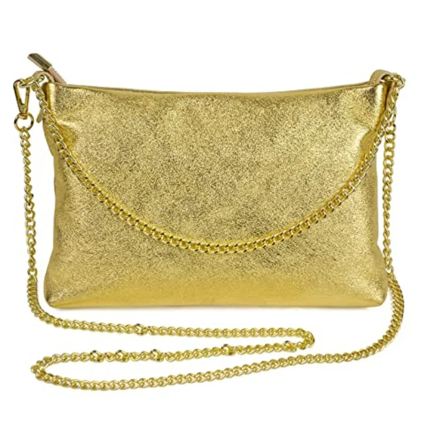 

Evening handbag for women, Italian genuine leather, gold, lightweight and elegant with detachable gold chain strap for clutch,