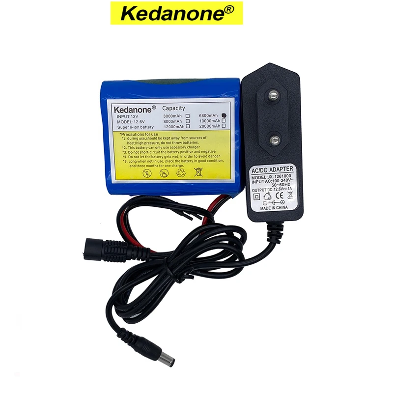Kedanone 12V 6800mAh Li-ion oplaadbare batterijen met BMS lithium-batterijpakketten beschermingsbord voor monitoring + 12,6V oplader