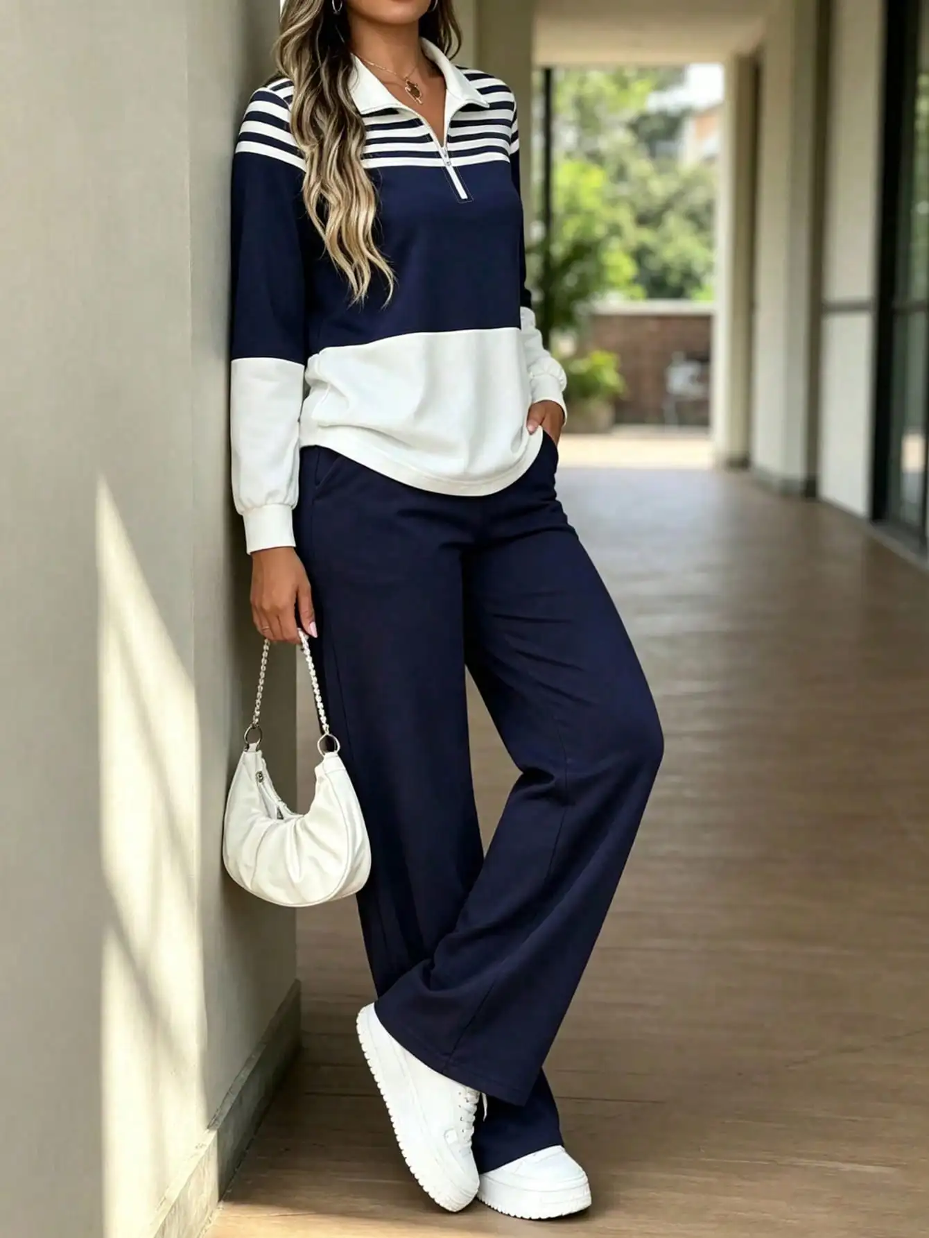 Women's Two-Piece Outfit Set, Striped Color-Block Half-Zip Polo Long-Sleeve Top + Wide-Leg Pants, Casual Matching Set, Suitable for Multiple Occasions, Daily Wear, Home, Office, Street Style, Travel, Commuting, Sportswear