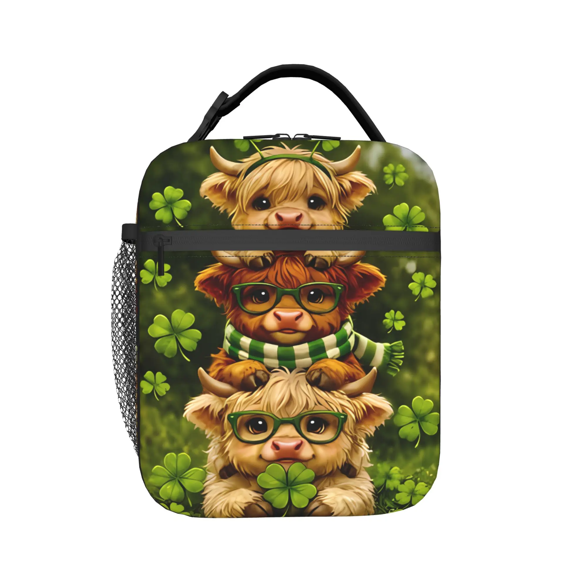 Three Highland Cows With Glasses In Clover Field Lunch Bag Fun School Lunch Box Custom Portable Zipper Cooler Bag