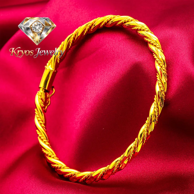 Kryos Jewelry 4mm Women's 24K Gold (AU999) Buckle Twist Bracelet | 3D bamboo twist, filigree bamboo with moonstone