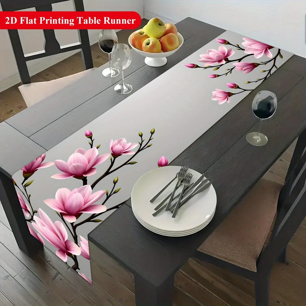 2D‑Printed Pink Magnolia Branch Table Runner, Home & Festival Dining Decor, Indoor‑Outdoor Party Table Ornament
