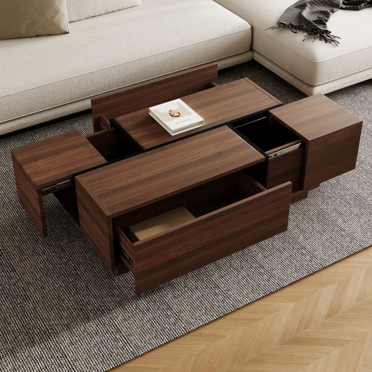 Table basse rectangulaire coulissante avec 2 tiroirs et 2 rangements cachés pour le salon 47,2" (noyer), tables basses