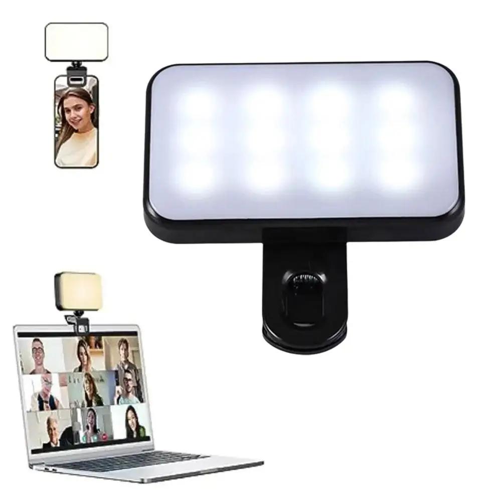 Portable Mini Selfie Fill Light Rechargeable 3 Modes Adjustable Brightness Clip On For Phone Laptop Tablet Meeting Make Up