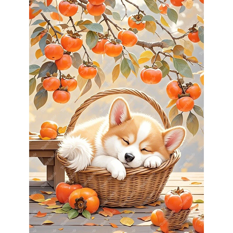 Three Ratels QHH168  Sleeping puppies under persimmon fruits animal wall stickers for home decoration