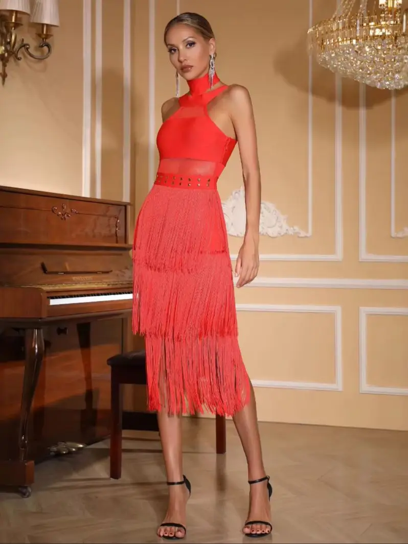 Vestido medio con recortes de malla y cuello Halter con borlas para mujer, vestido rojo elegante de lujo para fiesta de noche, cumpleaños, graduación, cóctel, vestidos de invitados de boda