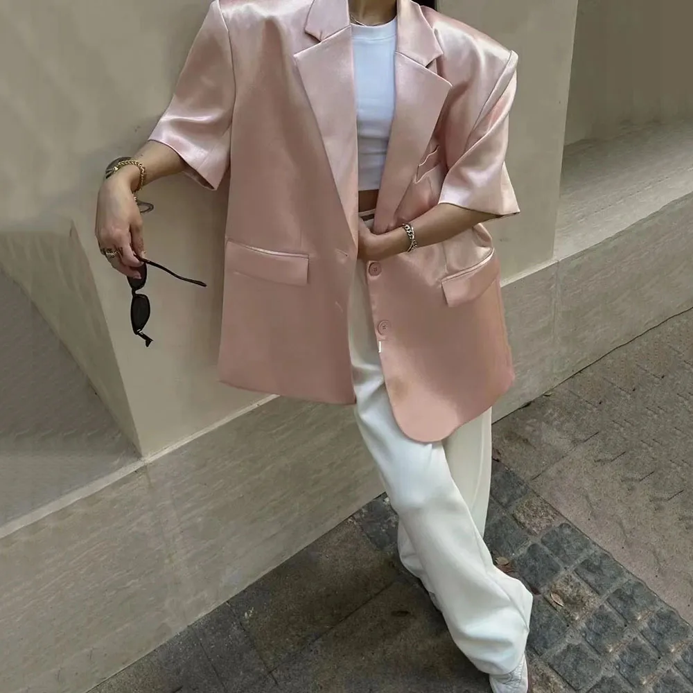 Korean Style New Arrival Satin Suit Jacket for Women Vintage Pad Shoulder Short Sleeve Office Lady Coat Fashion Female Blazers