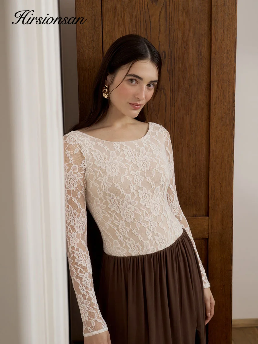 Hirsionsan 2026 Pure Desire Long Sleeved Lace T-shirt for Women in Spring, Slim Fit, Waist Cinching, and Bottom Layer Shirt