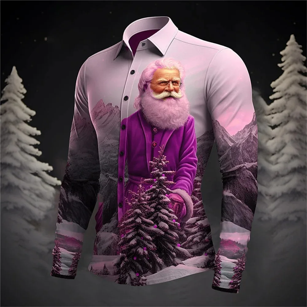2025 new 3D printed Christmas design pattern men's lapel button fashionable men's long sleeved comfortable plus size shirt top