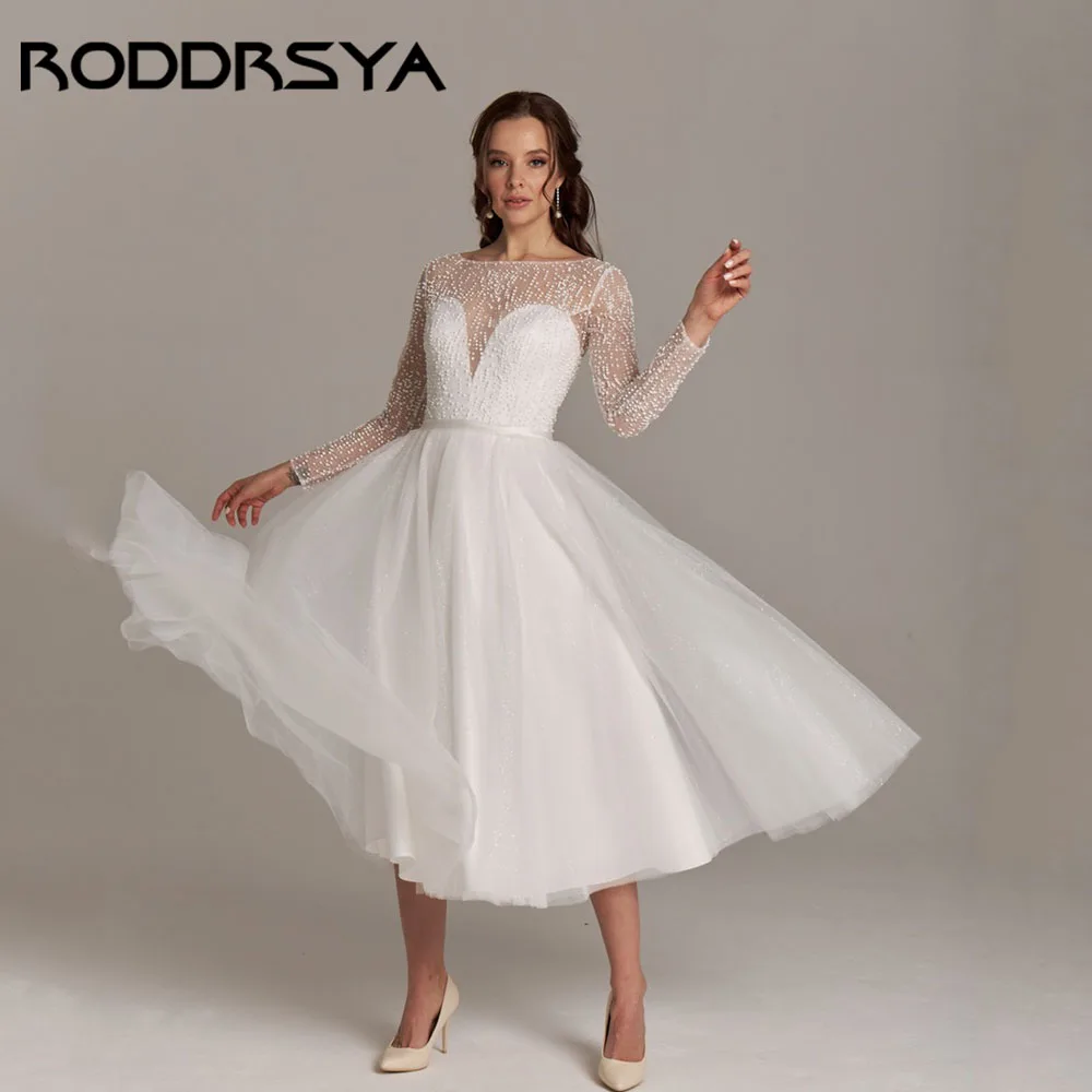 RODDRSYA A-Line Tulle bridal dresses Long Sleeve Backless Illusion Bridal Gowns Tea-Length Buttons vestidos de novia Customized