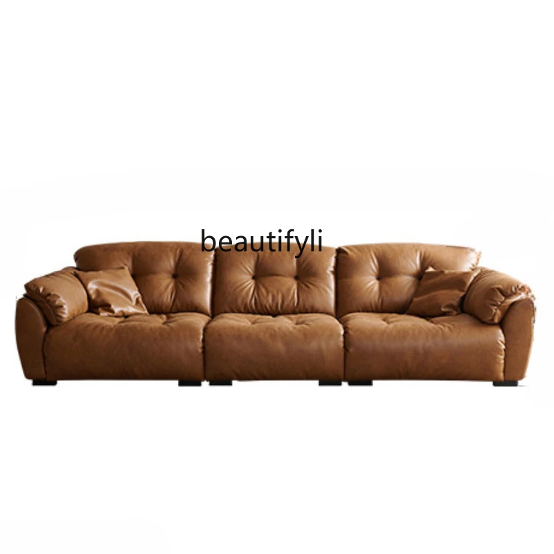 

Leather sofa living room straight row retro wind oil wax leather functional sofa backrest adjustable