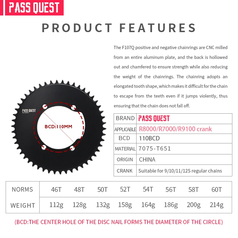 PASS QUEST Colsed Dics Chainring 110mm BCD for Shimano 105 R7000 ULTEGRA R8000 Dura-Ace R9100 46T 52T 58T Bike Chain 110bcd