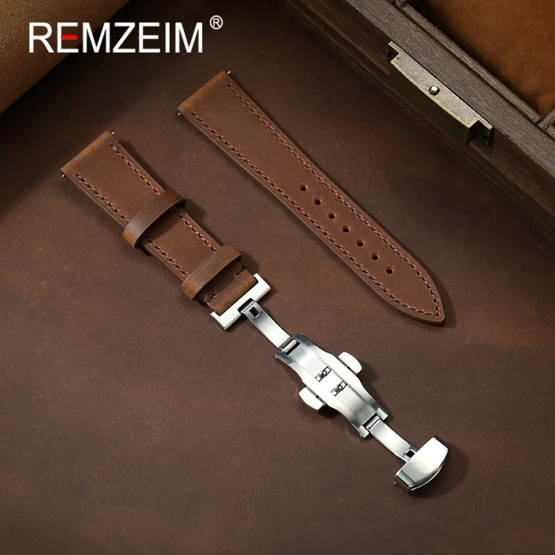 Men Women Unisex Crazy Horse Leather Watch Bands 18mm 20mm 22mm Wrist Bracelets Vintage Quick Release Smartwatch Watchband