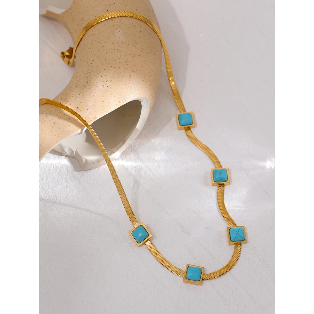 Yhpup Blue Artificial Turquoise Snake Chain Necklace Stainless Steel Golden Collar Jewelry for Women бижутерия для женщин Gift