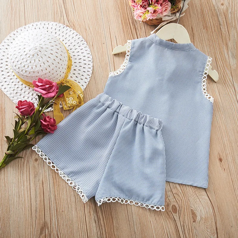 1-9T Summer Girls Clothing Sets Casual Sleeveless T-shirt Shorts + Pants 2Pcs Suit Kids Bowtie Top and Short Pants Clothes Suits