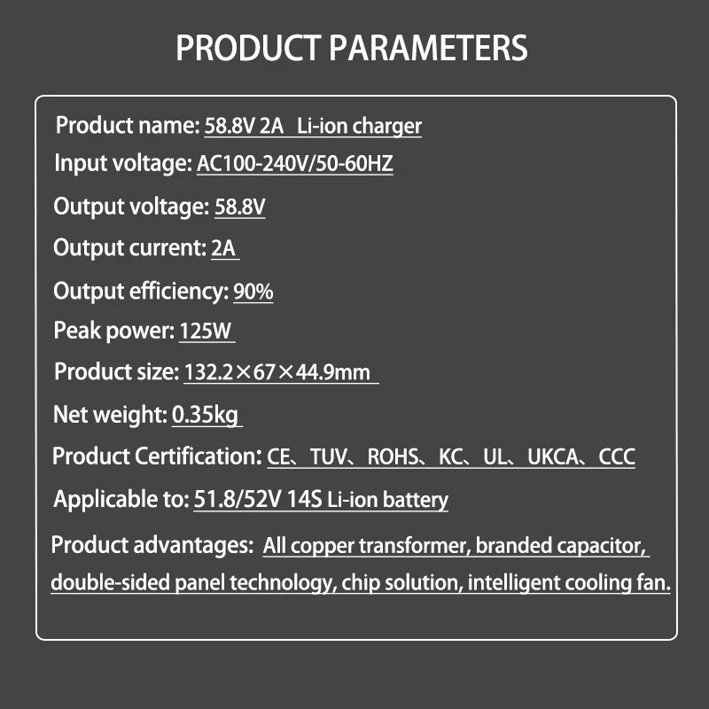 58.8V 2A Charger with GX16-3 Pin DC5.5 XLR Power Adapter for 52V Li-ion Battery Input 100-240V