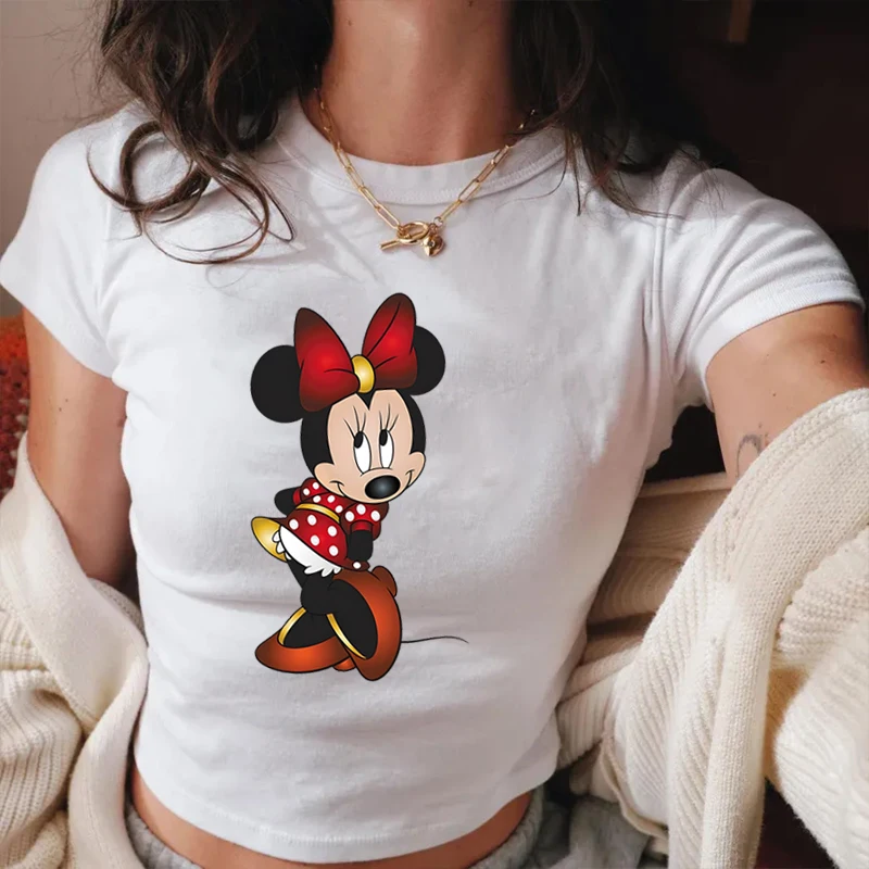

Cartoon Character Graphic Women Crop Top Tee Short Sleeve Vest Minnie Mouse Bow Design Sexy Tops Minnie Mouse Cotton Crop Tops