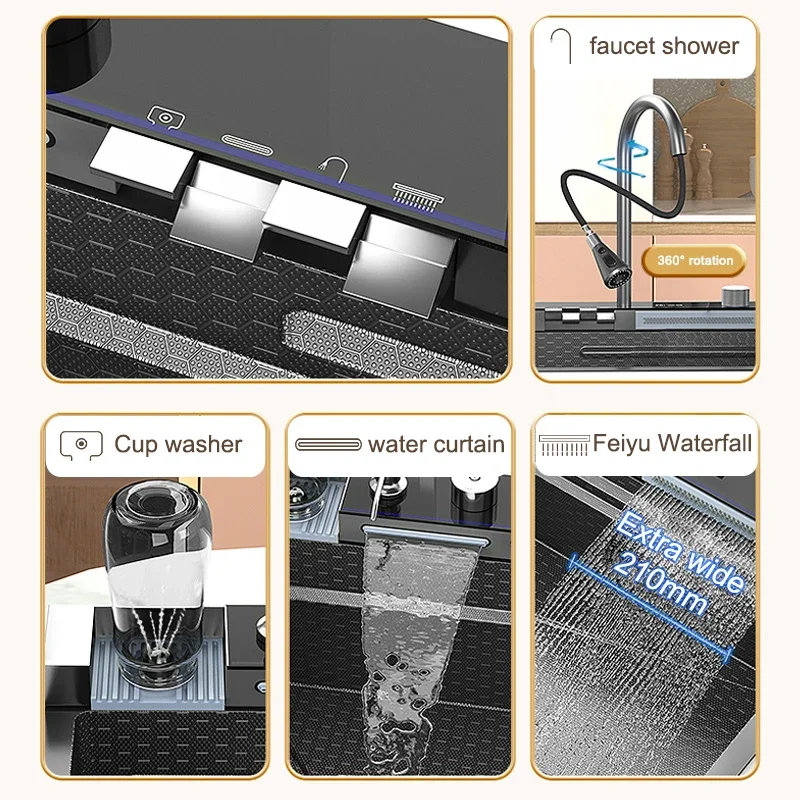 Imagem -04 - Pia de Cozinha de Cachoeira em Slot Único Grande Conjunto de Torneiras de Exibição Digital Integrado Lavatório Multifuncional 304 Aço Inoxidável